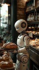 A female robot is making bread in the kitchen. bekery shop