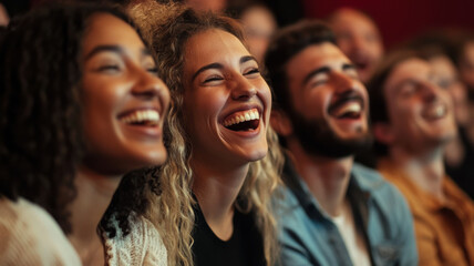 Obraz premium A diverse group of people from various backgrounds, laughing and enjoying a comedy show together, sharing moments of joy and genuine amusement in a lively, fun atmosphere.