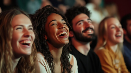 Obraz premium A diverse group of people from various backgrounds, laughing and enjoying a comedy show together, sharing moments of joy and genuine amusement in a lively, fun atmosphere.