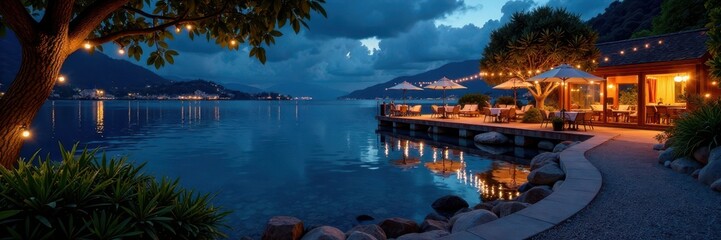 Shady waterfront guinguette terrace, illuminated at night, charm, mood