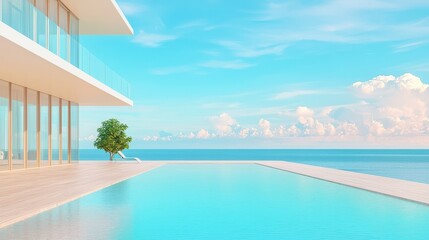 Fototapeta premium Modern villa with infinity pool overlooking a serene ocean under a blue sky.