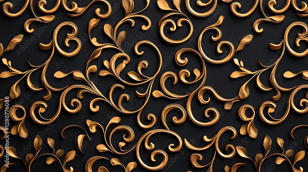Poster a decorative pattern featuring intricate golden swirls and leaves on a dark background, creating an 