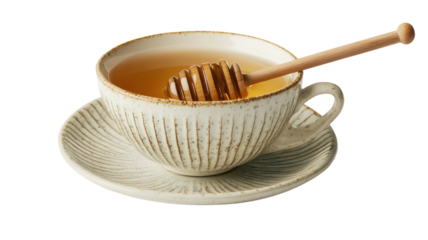Warm cup of honeyed tea with a wooden dipper on a textured saucer in a cozy setting