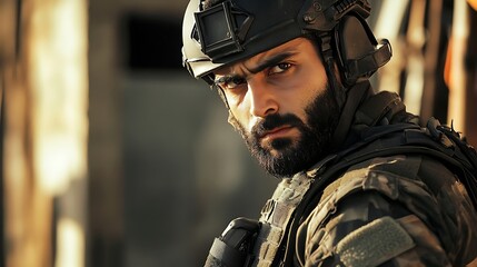 Soldier in tactical gear, focused gaze, urban background, portrait, stock image