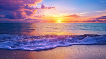 Obraz premium Colorful sunset over a tranquil beach with gentle waves dreamy tropical scene
