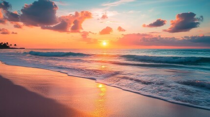 Obraz premium Colorful sunset over a tranquil beach with gentle waves dreamy tropical scene