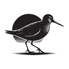 Sandpiper bird Silhouette Vector Illustration, Solid White Background.