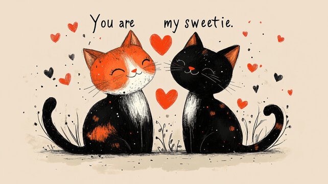 A delightful illustration of two smiling cats in love, surrounded by hearts. The text reads "You are my sweetie," creating a warm and affectionate design.
