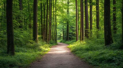 Obraz premium Pathway through a lush green forest with tall trees peaceful woodland trail