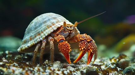 Close-up of a hermit crab with vibrant shell in underwater setting.