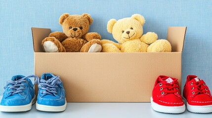 The box contains two teddy bears, 2 pair of shoes on the floor, against a light blue wall background, for a baby drive, an educational day of giving and charity concept and so on