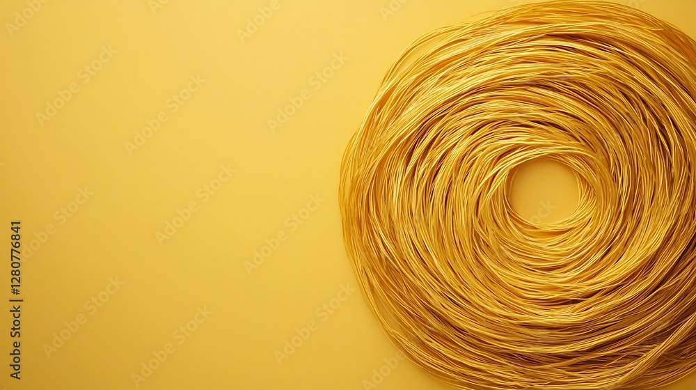 Aufkleber a circular arrangement of golden threads on a vibrant yellow background, creating a visually strikin