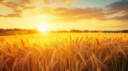 Obraz premium Golden field of wheat glowing in the evening sun peaceful countryside scene