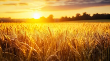 Golden field of wheat glowing in the evening sun peaceful countryside scene