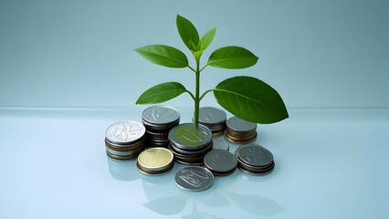 A small tree grows from a pile of coins, symbolizing finance and growth. and the connection between nature and finance.