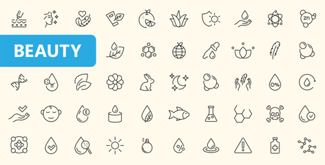 Skin care icon set. Beauty skin care vector icon pack set. Moisture cream, acid, anti wrinkle serum, ceramide, collagen, retinol compound, sunscreen.