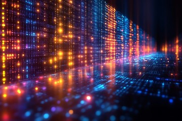 Fototapeta premium Digital Data Wall, Neon Glow, Futuristic Corridor
