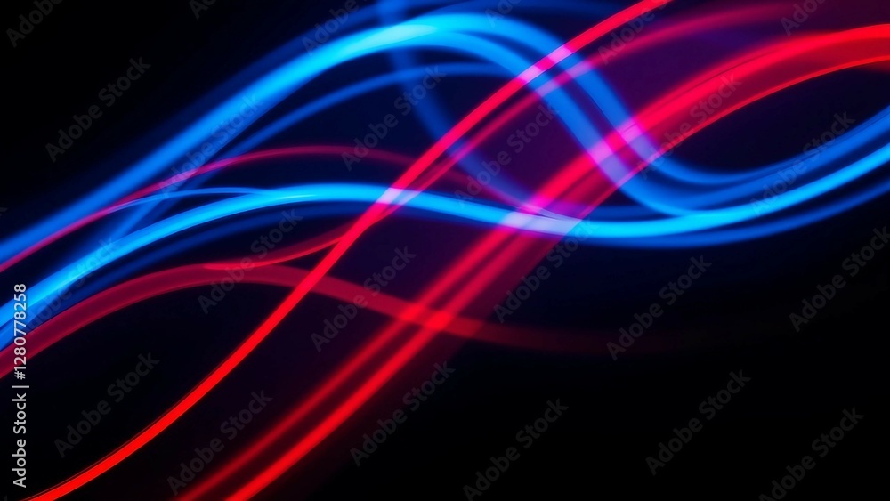Poster vibrant dynamic light trails of blue and red flow smoothly across a black backdrop creating an abstr