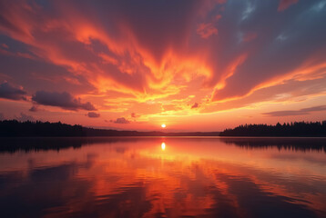 Obraz premium Dramatic sunset over a calm lake