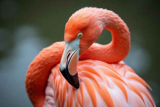 Close-up of a flamingo with vibrant pink feathers.