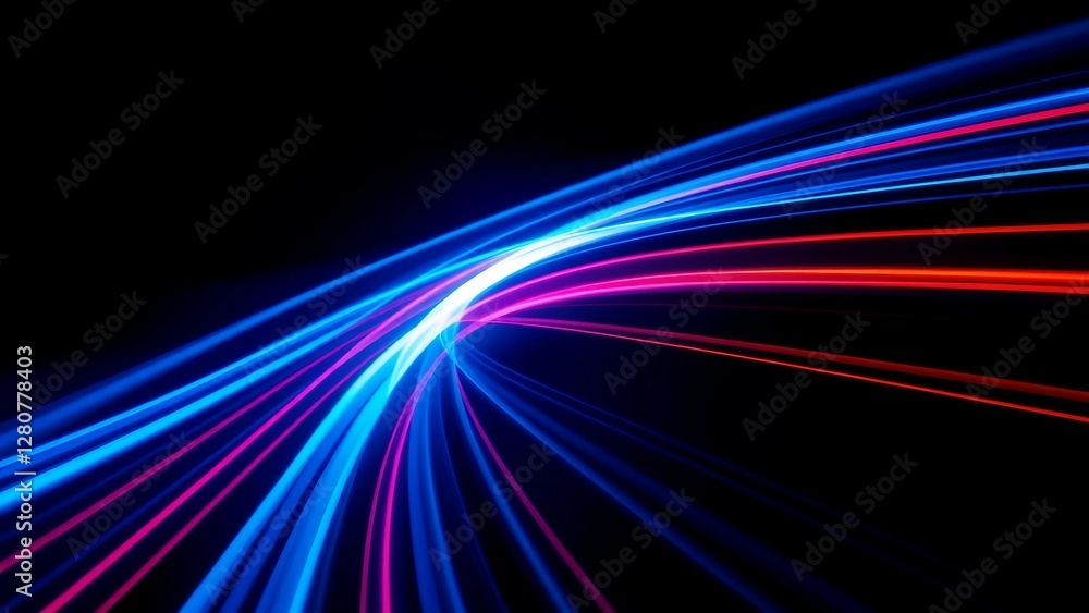 Poster vibrant dynamic light trails of blue and red flow smoothly across a black backdrop creating an abstr