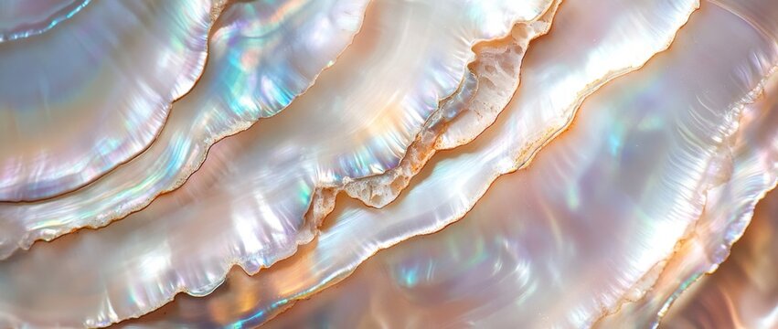 Close-up of a stunning iridescent abalone shell with colorful patterns and smooth textures captured under natural light