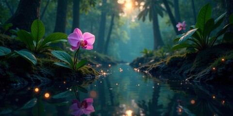 Serene Pink Orchid Blooms by Tranquil Forest Stream at Dawn