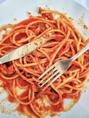 Top view of delicious dish with pasta all'amatriciana, a traditional recipe of pasta with guanciale, tomato sauce and pecorino, served in a traditional italian restaurant in Trastevere, Rome, Italy.