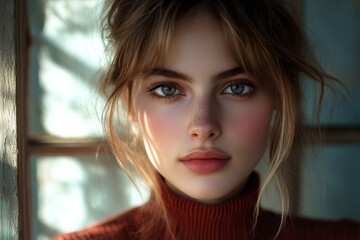 Beauty portrait of young European woman holding facial sheet mask looking and smiling at camera over beige background. Cosmetic procedure