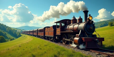 Retro steam locomotive train journey across scenic rolling hills under a vibrant summer sky