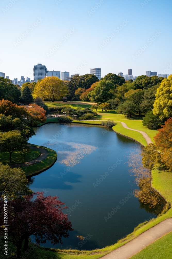 Poster a park with a pond and trees in the background. the pond is surrounded by a path and has a lot of le