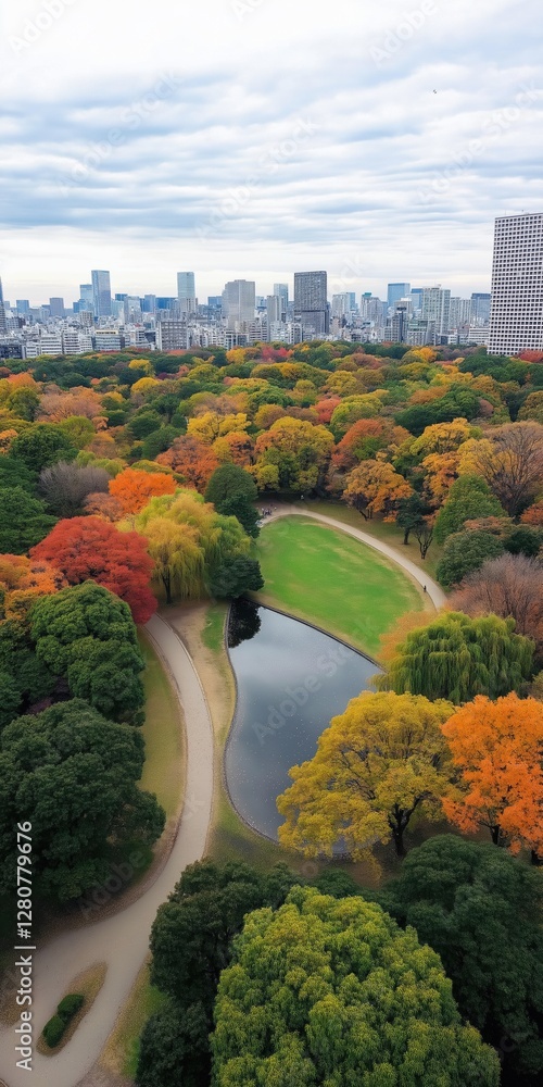 Poster a city park with a river running through it and trees with leaves of different colors. the park is s