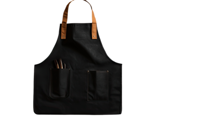 Elevated Craftsmanship: A black apron with brown leather straps and convenient pockets, is a symbol of dedication to the art of cooking or craftsmanship. It's a practical yet stylish tool.