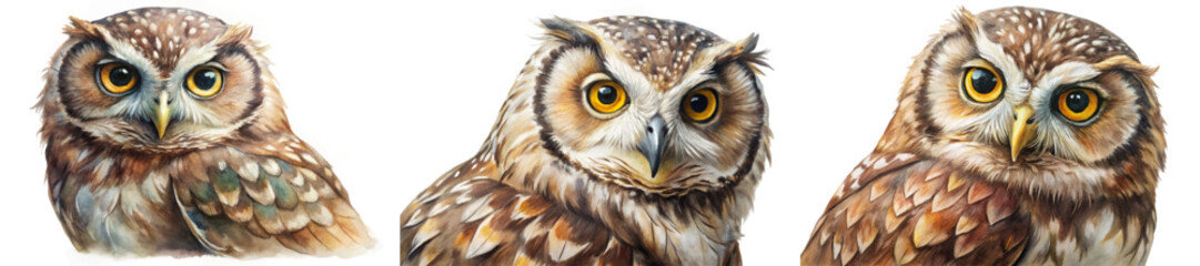 Obraz premium Realistic owl portraits, detailed feathers, vibrant eyes, wildlife art, nature illustration, artistic expression, animal close-up.