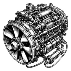 jet engine, showcasing detailed mechanical components, symbolizing engineering, technology, and innovation engraving generative ai sketch PNG illustration
