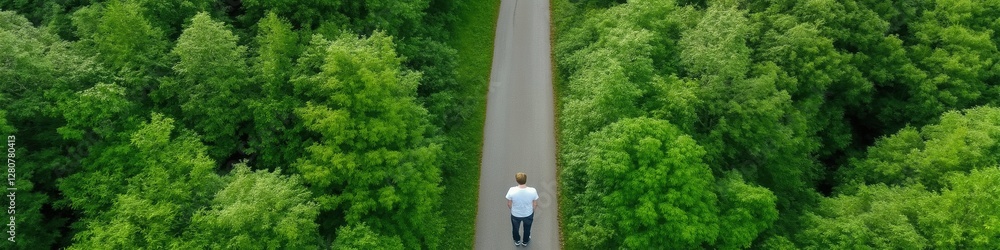 Aufkleber a man walks down a path in a forest. the path is lined with trees and the man is wearing a white shi