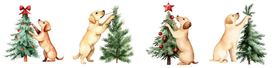 Decorative dogs adorning Christmas trees with festive cheer and joy, isolated on transparent background.