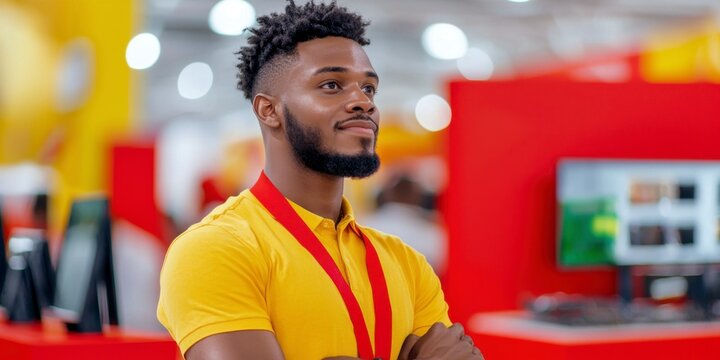 Man in yellow shirt and red tie in a busy global market with diverse electronic products and shoppers