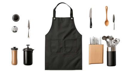 Culinary Essentials: A meticulously arranged assortment of kitchen tools and utensils, featuring a sleek black apron at the heart of a collection that is both functional and stylish.