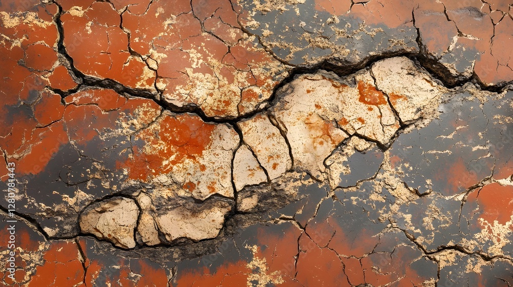 Poster deeply cracked and weathered surface with layers of color and texture. background of decay and deter