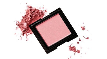 Soft Rose Blush: Capturing the essence of beauty, this image showcases a compact of soft rose blush, nestled beside a scattering of its powdered form, ready to enhance and illuminate.