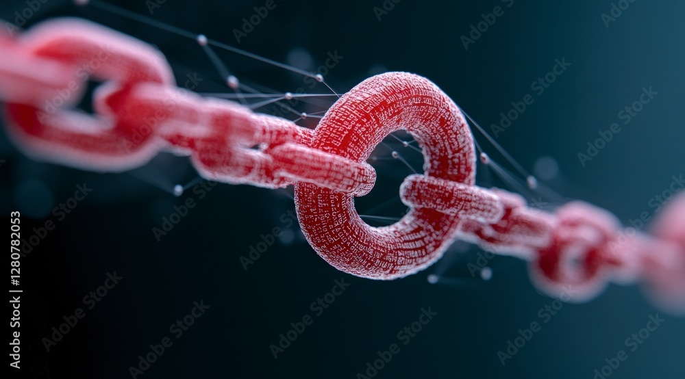 Poster blockchain technology red chain links digital data network