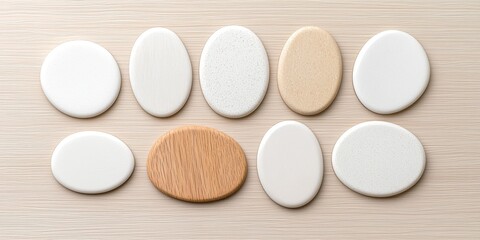 Obraz premium Group of white and brown oval ceramic shapes with white badge mockups displayed on a flat surface