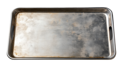 Vintage Baking Tray: A well-used, rectangular baking tray with side handles displays a well-worn, aged aesthetic, perfect for culinary or vintage themes.