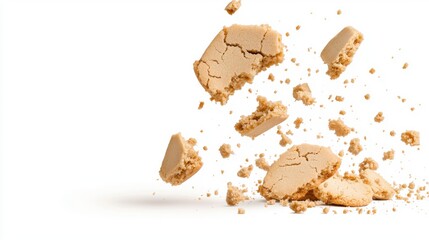 Broken cookie pieces and cake crumbs scattered on a surface creating a dynamic food scene