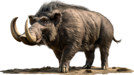 Giant Boar in the wild : A majestic prehistoric giant boar, showcasing its impressive tusks and a rugged, textured hide, strides across the land.