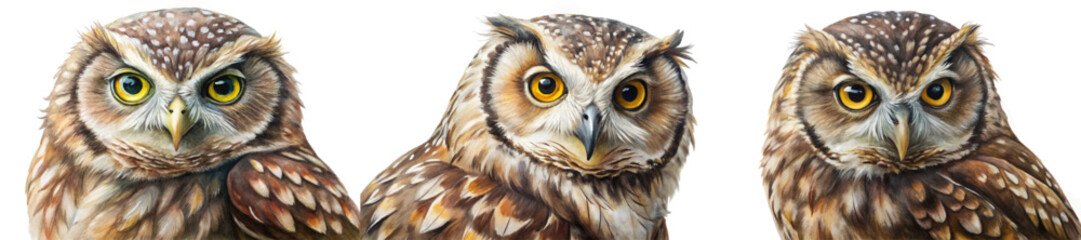 Realistic owl portraits, detailed feathers, vibrant eyes, wildlife art, nature illustration, animal close-ups.