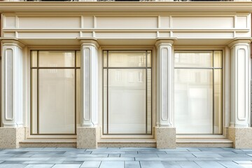 Elegant storefront with classic architecture, mockup template banner, high street shop facade. 