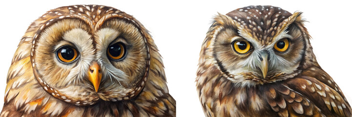 Realistic owl portraits, detailed feathers, vibrant eyes, wildlife art, nature illustration, animal close-up.