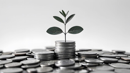 A small tree grows from a pile of coins, symbolizing finance and growth. and the connection between nature and finance.